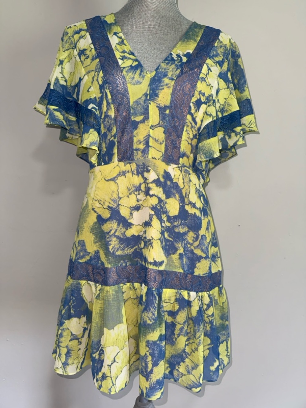 BCBGMaxAzria Yellow and Blue Floral V-Neck Mini Dress